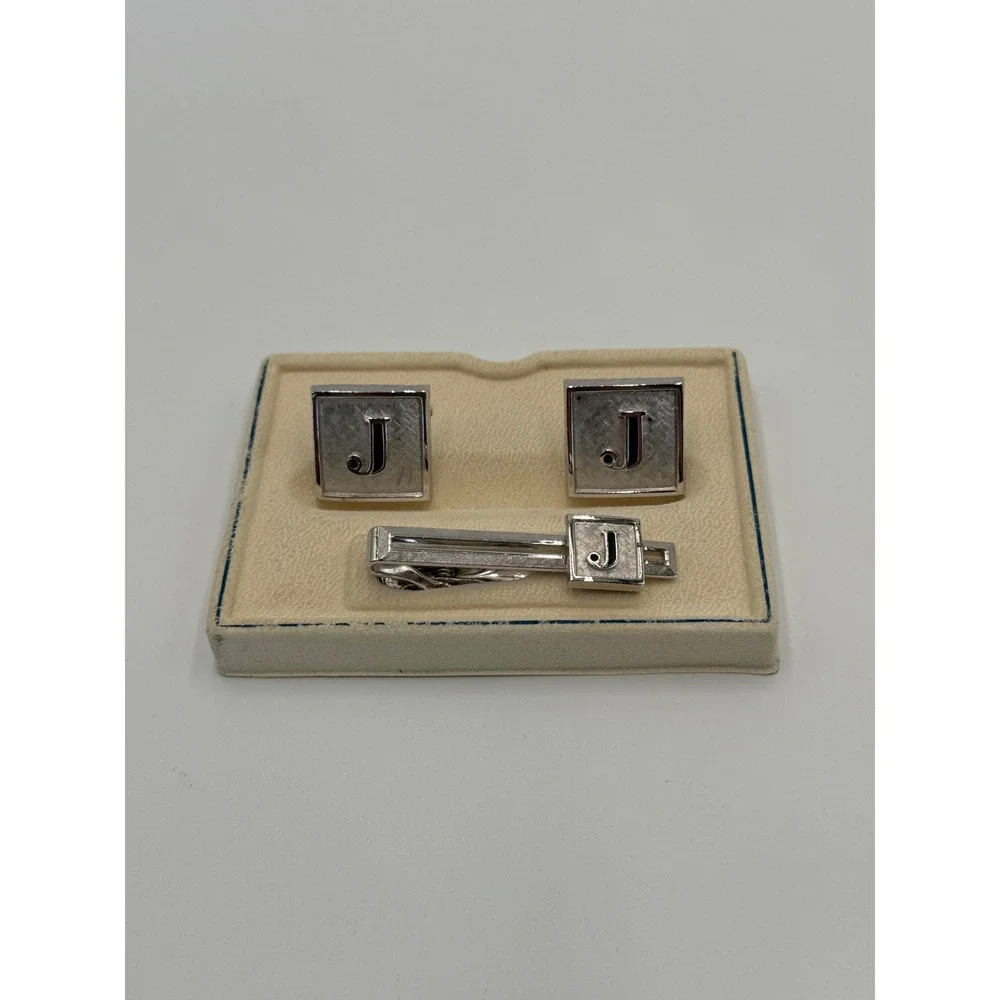 Swank Vintage Mens Initial J Cufflinks and Tie Clip Set Silver Tone Square